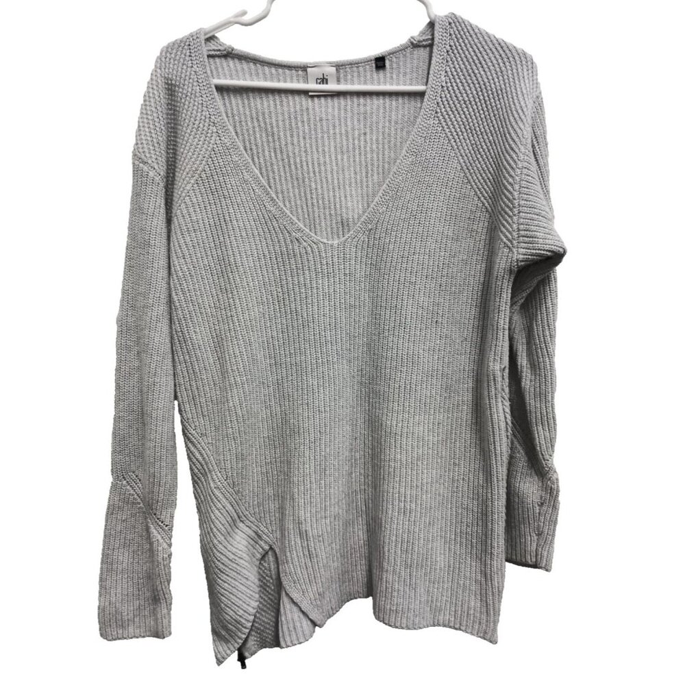 Cabi Womens Gray Cloud Sweater Medium Pullover Deep V Neck Side Zip Casual #3531